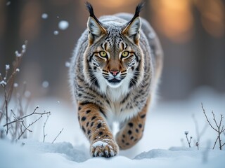 Fototapeta premium A lynx gracefully walks through the snow, illuminated by the warm hues of a sunset in the background generative ai