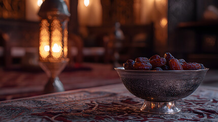 Dates in silver bowl on ornate table.