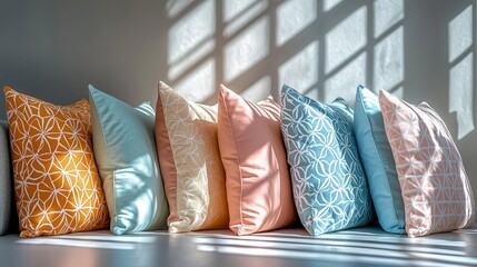 Colorful decorative pillows arranged on a table modern living room photography bright natural light close-up