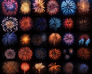 Fototapeta premium Vibrant Fireworks Display in Various Shapes and Colors Captured Against Dark Night Sky for Celebratory Events and Festive Occasions