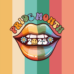 LGBT Pride month 2025 icon with lips colored in pride flag colors and open mouth with teeth and tongue. LGBT PRIDE MONTH 2025 icon and poster with groovy hipster woman open mouth isolated on black