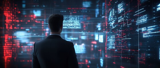 A person in a suit observes a digital interface filled with glowing data and code, suggesting themes of technology and information analysis.