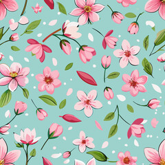 Seamless Blooming Cherry Blossoms and Falling Petals Pattern – Romantic Spring Design. Perfect for: Spring, Hanami, weddings, romantic events, seasonal branding