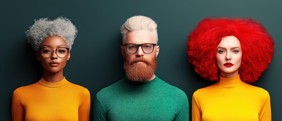 Three stylish individuals with vibrant hairstyles and colorful outfits against a dark backdrop.