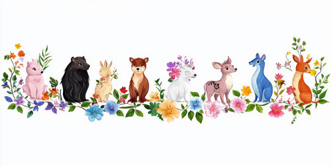 Fototapeta premium Cute cartoon animals surrounded by colorful flowers create whimsical scene. playful arrangement features bear, rabbit, deer, and more, evoking sense of joy and nature beauty