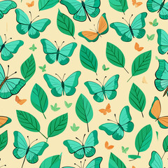 Seamless Fluttering Butterflies and Green Leaves Pattern – Vibrant Spring Design. Perfect for: Spring, Easter, wedding decor, gift packaging