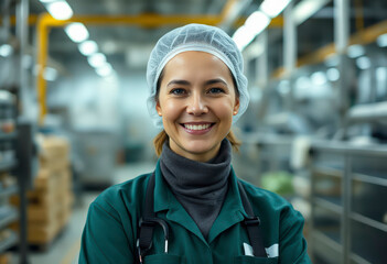 Female supervisor at a food factory beams at the camera, showcasing confidence while managing a busy production line.