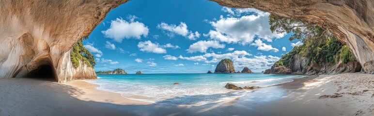 A breathtaking view of a serene beach from deep inside a cave