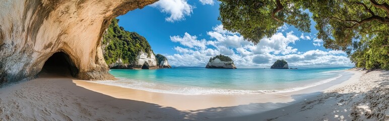 Fototapeta premium A breathtaking view of a serene beach from deep inside a cave