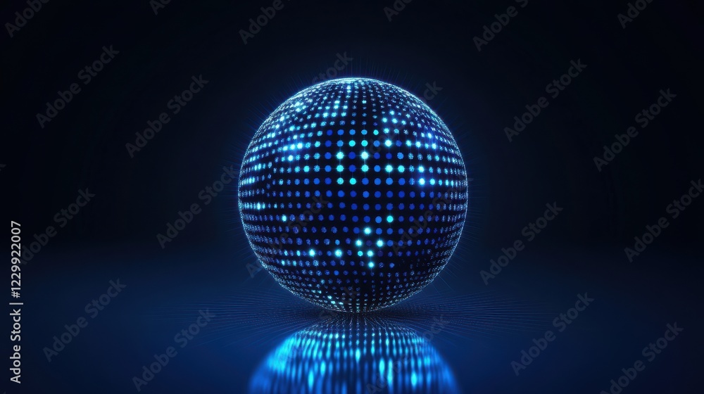 Poster blue abstract sphere with dots and reflections on dark background