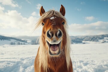 Fototapeta premium A brown and white horse stands in the snow with its mouth open