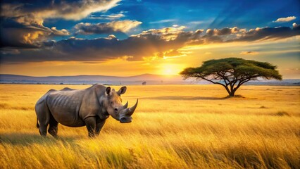 Obraz premium A majestic rhino stands sentinel, a solitary figure against the boundless Serengeti.
