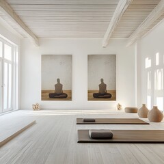 Interior of stylish yoga studio with white and wooden walls, wooden floor, yoga mats and white fitballs. Two vertical mock up posters. 3d rendering