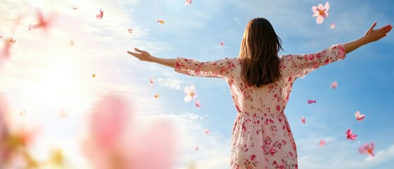 A woman in a floral dress stands with arms outstretched, embracing nature amidst falling petals and a bright sky.