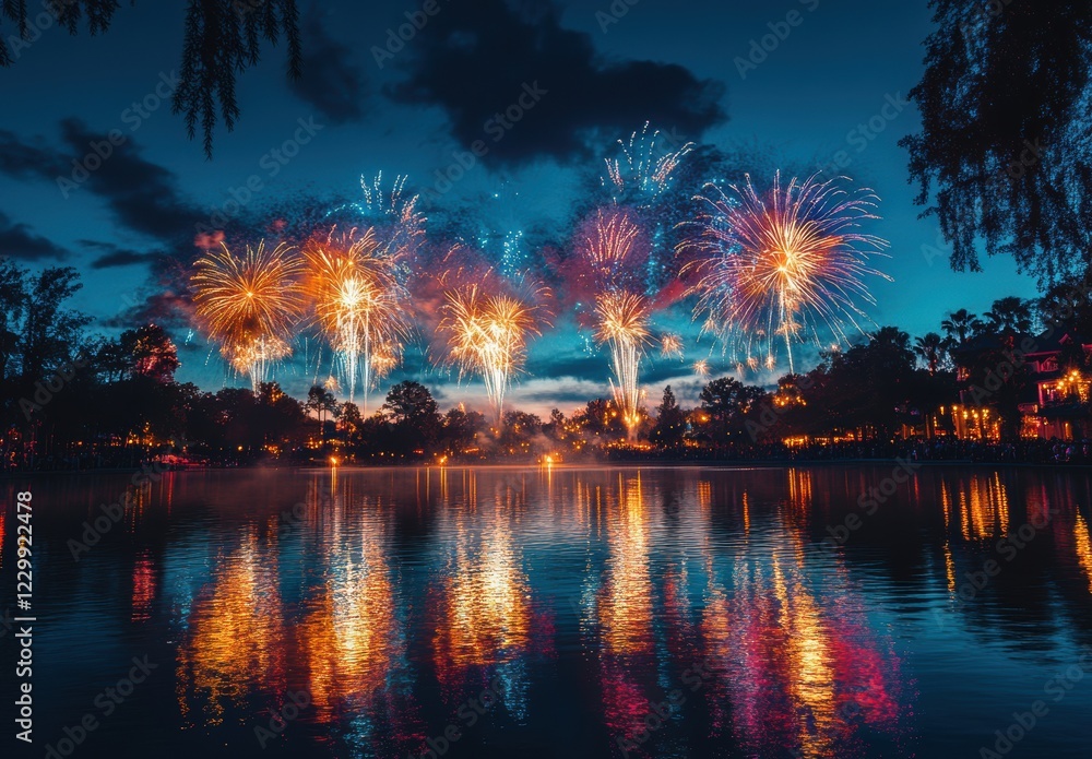 Poster vibrant fireworks display over tranquil lake at dusk with reflection of colorful explosions in calm 