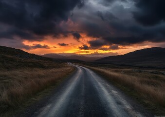 An empty road through a valley with mountains in the background