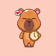 capybara mascot cartoon character vector illustration with clock.