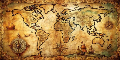 An antique fantasy world map, aged paper texture hinting at forgotten realms and RPG adventures. Embark on your quest!