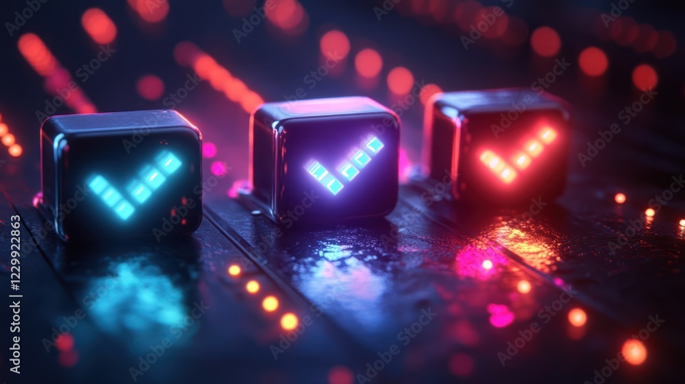 Poster three glowing cubes displaying checkmarks.