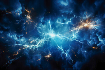 Electric lightning background showcases abstract energy in vibrant blue and orange hues, evoking a sense of dynamic movement and cosmic wonder across the expansive canvas