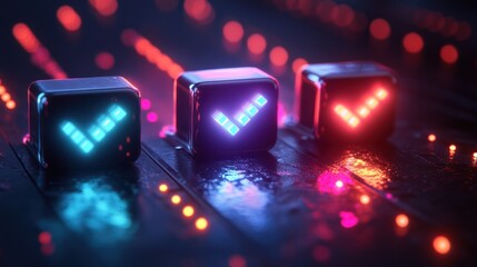 Three glowing cubes displaying checkmarks.