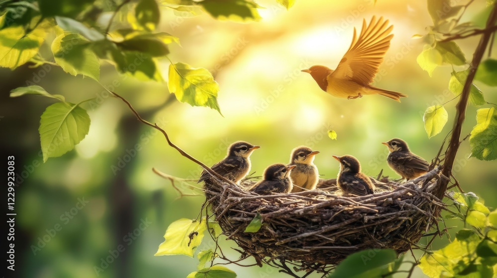 Poster a beautiful image of a nest with baby birds looking up, with a blurred background of their parent bi