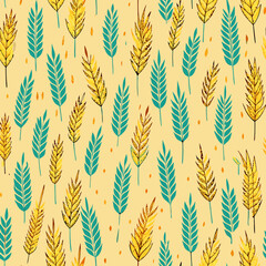 Seamless Spring Farmland and Wheat Stalks Pattern – Symbol of Harvest. Perfect for: Spring, Earth Day, organic product packaging, rustic branding