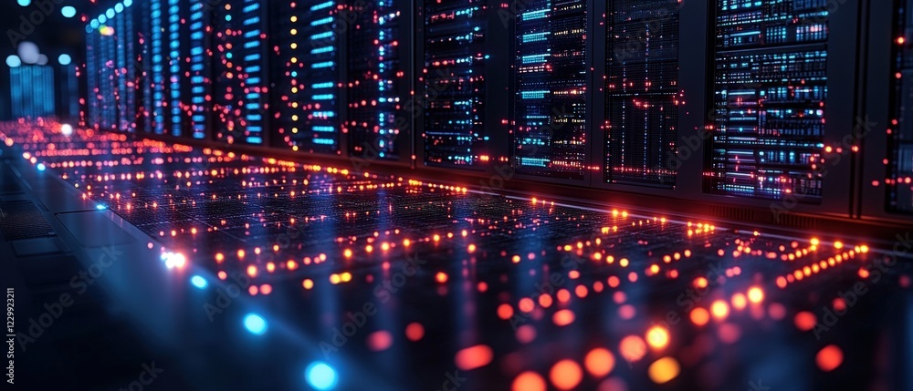 Poster row of server racks in a data center with blinking lights and organized cabling infrastructure