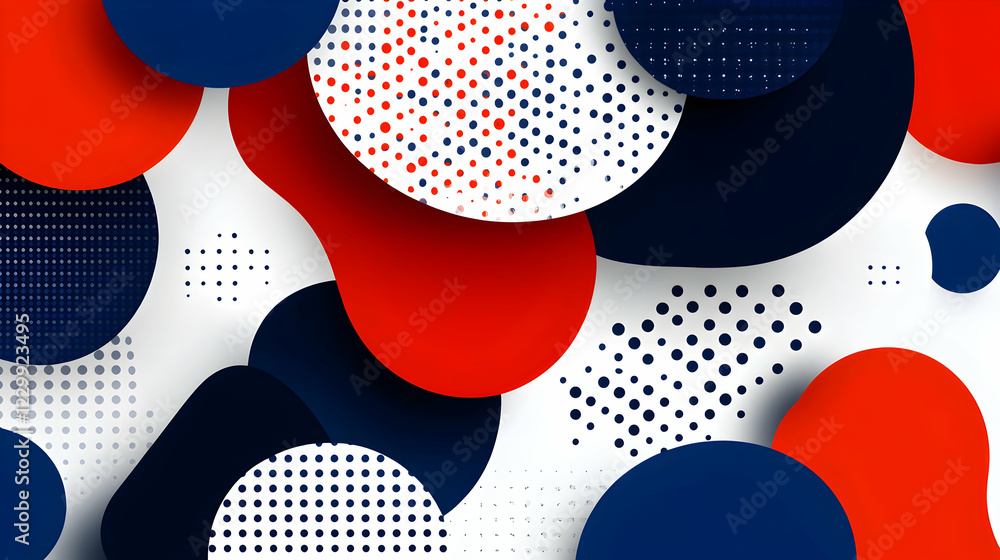 Poster abstract background with red, blue, and white overlapping circles and dotted patterns. perfect for m