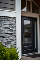Modern House Exterior with Grey Stone Wall and Black Door. Contemporary Architecture Design, Residential Property, Real Estate