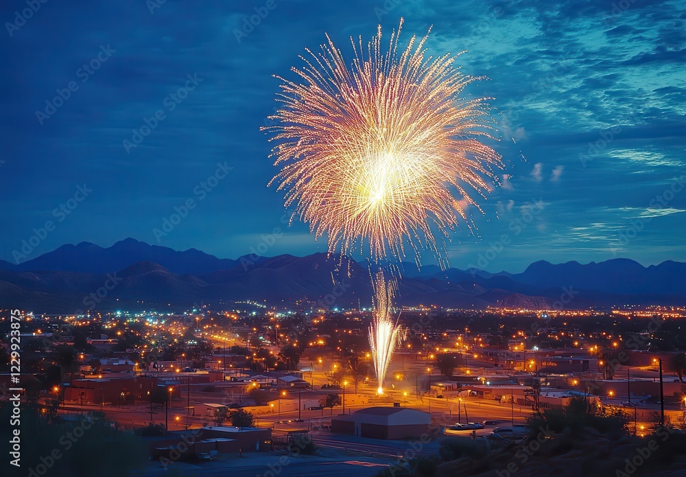 Poster vibrant fireworks exploding over cityscape at dusk with illuminated buildings and mountains in backg