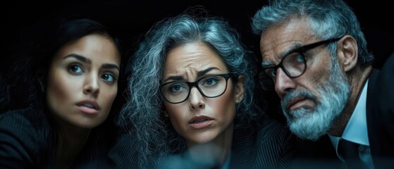 Fototapeta premium Three individuals in serious discussion, showcasing concern or focus in a professional setting.