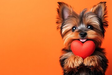 Fototapeta premium Yorkshire terrier - my beloved dog. Digital ads concept art. Cute yorkshire terrier pup with diamond red heart - emblem of love, funny greeting card. Valentine's red heart animals. Puppy love.