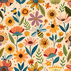 Seamless Spring Wildflowers and Bees Pattern &ndash; Vibrant and Natural. Perfect for: Spring, Earth Day, organic branding, nature-related products