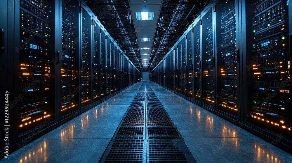 Poster long row of servers in a data center with blinking lights and cables connected to each unit
