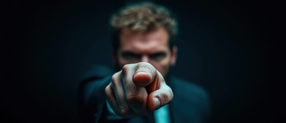 A man in a suit points directly at the viewer, emphasizing a strong message or demand.