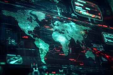Obraz premium Global Network Map: A futuristic digital world map displayed on a high-tech interface, glowing with vibrant teal and red hues, showcasing intricate data streams and connections across continents.
