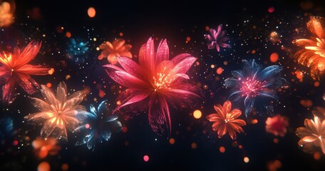 Vibrant Floral Abstract Background with Glowing Flowers and Bokeh Lights for Festive or Artistic Design Projects