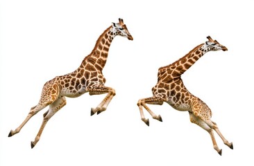A giraffe is gracefully standing on its hind legs against a white background