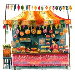 Vibrant Asian Market Stall with Woman Vendor Selling Sweets and Fruits.