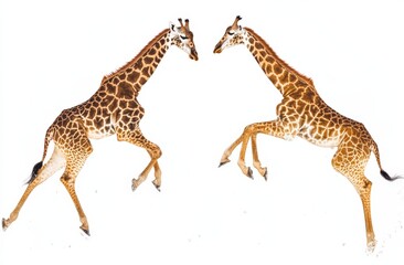 A giraffe is gracefully standing on its hind legs against a white background