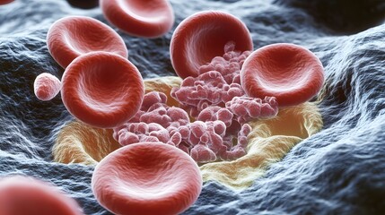 Blood Clot Formation: Microscopic view of red blood cells aggregating around a blood clot, illustrating the complex process of hemostasis.