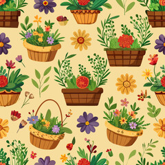 Seamless Wooden Baskets and Wildflowers Pattern – Rustic and Charming. Perfect for: Spring, rustic designs, vintage packaging, farmhouse decor