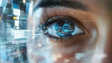 Cybernetic Eye: A close-up shot of a human eye, reflecting a futuristic cityscape and digital data streams, symbolizing the merging of humanity and technology.  