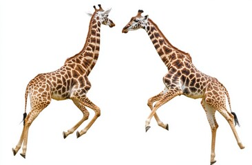 Obraz premium A giraffe is gracefully standing on its hind legs against a white background