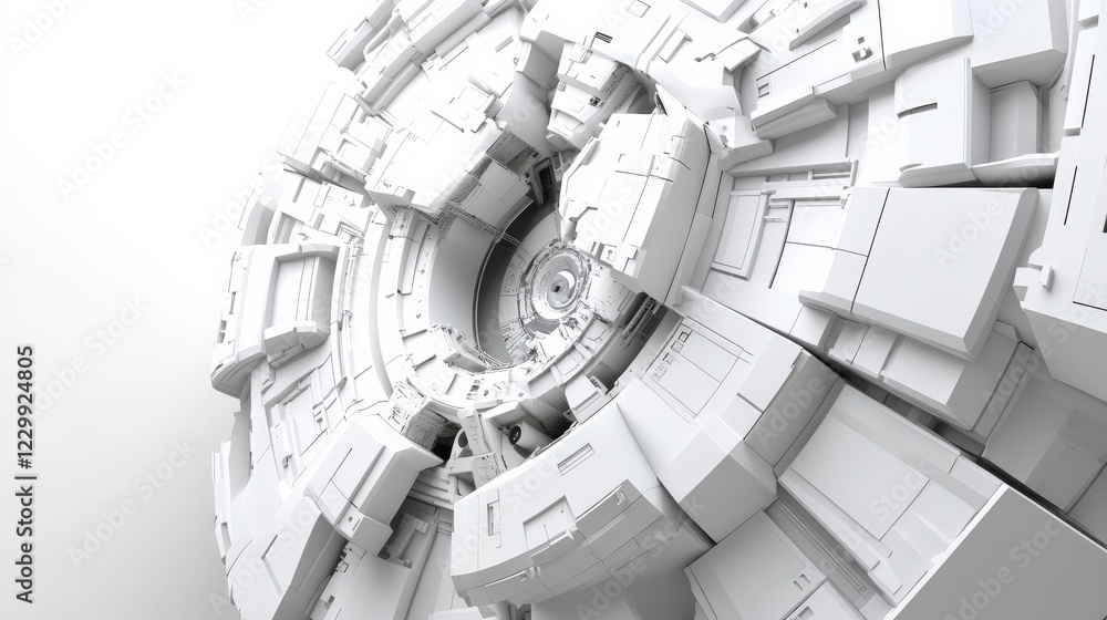 Poster abstract futuristic design featuring a complex white geometric structure with depth