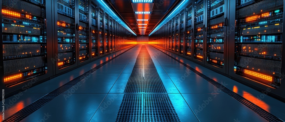 Poster long row of computer servers in a data center with blinking lights and organized cabling