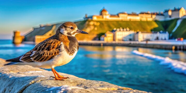 A Turnstone, vividly detailed, against the soft blur of Ramsgate's winter beach and dramatic white cliffs.