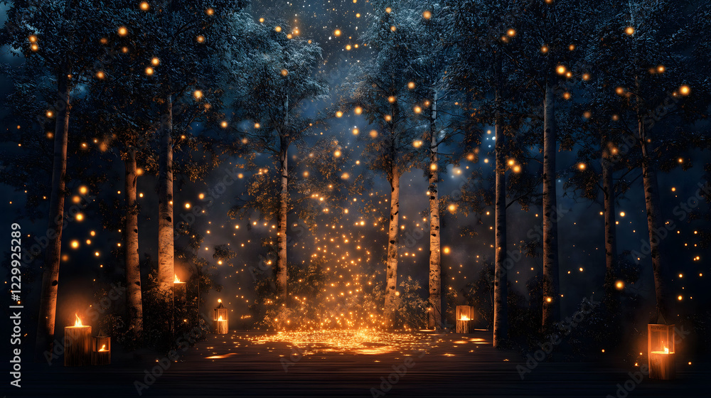 Poster whimsical dreamlike forest illuminated by glowing trees and sparkling lights at night. generative ai