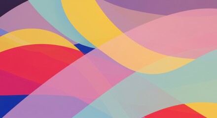 Abstract  Waves of Color: A vibrant and dynamic abstract background featuring overlapping layers of translucent, fluid shapes in hues of blue, red, yellow, pink, and green.